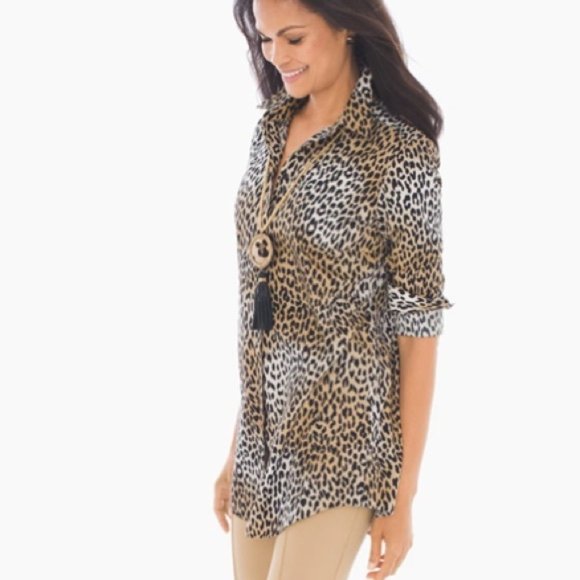 Chico's Tops - Chico's  No-Iron Cheetah  Print Tunic Button Front Shirt - Size 8